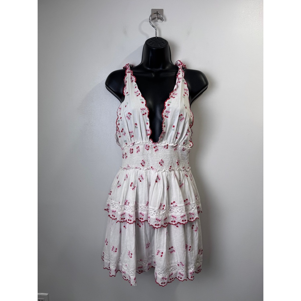LoveShackFancy Women Soira Mini Dress White Cherry Embroidered Smocked Medium